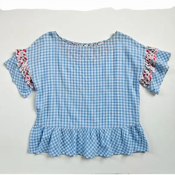 Matilda Jane  Rural Route Gingham Blue White Top Size S Floral - Picture 2 of 8